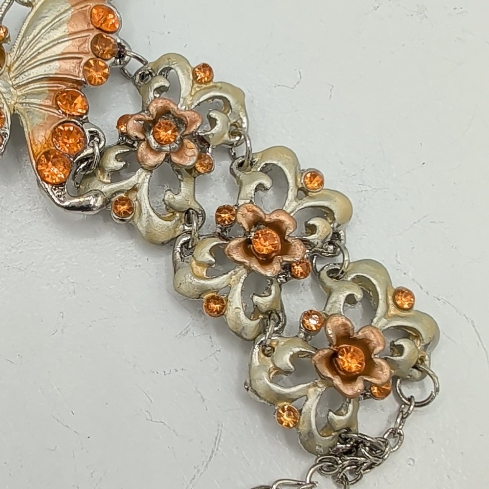 Gold And Silver Tone Enamel Butterfly Floral Link Bracelet Orange Rhinestone - Picture 6 of 16